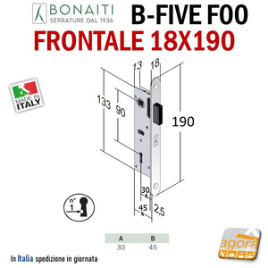SERRATURA PORTA INTERNA MAGNETICA B-FIVE BONAITI F00 PATENT FRONTALE 18X190MM E30 INT 90 CR.S/OTTONE