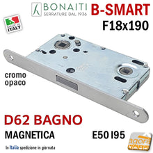 Carica l'immagine nel visualizzatore di Gallery, Serratura porta magnetica Bonaiti B Smart frontale 18x190mm entrata 50mm interasse 95 mm quadro 8 6 mm wc bagno toilet cromo opaco 48D620509E entrata 5cm E50
