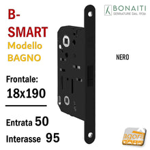 Carica l'immagine nel visualizzatore di Gallery, Serratura porta magnetica Bonaiti B Smart frontale 190x18mm entrata 50mm interasse 95 mm quadro 8 6 mm wc bagno toilet nera nero black 48D620500KE 48D62050KE

