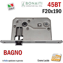 Load image into Gallery viewer, Serratura porta bagno Bonaiti 045BT 45BT 045T Frontale bordo tondo 20 x 190 mm I 70 mm E60 mm WC Bagno 48045060 cromata cromo lucido
