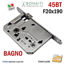 Load image into Gallery viewer, Serratura porta bagno Bonaiti 045BT 45BT 045T Frontale bordo tondo 20 x 190 mm Interasse 70 mm Entrata 60 mm WC Bagno 48045060 doppio quadro
