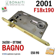 Carica l'immagine nel visualizzatore di Gallery, 482410501E Serratura porta interna bagno wc toilet Bonaiti 2001 articolo 241 entrata 50mm interasse 90mm frontale 190x18mm  bordo tondo 18x190 doppio qadro 8x8 6x6
