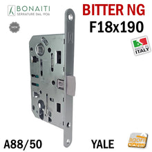 Carica l'immagine nel visualizzatore di Gallery, Serratura Porta Bonaiti Bitter NG Frontale 18x190mm 190x18 A88 YALE Entrata 50 Interasse 85 mm Cromo Opaco linguetta scrocco centrale reversibile
