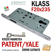 Load image into Gallery viewer, SERRATURA PORTA MAGNETICA KLASS BONAITI R35 FRONTALE 20X235MM E55 I72 CHIAVE YALE CR.S cromo satinato entrata 55mm intrasse 72mm R35/55 CHIAVE 
