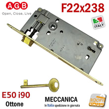 Carica l&#39;immagine nel visualizzatore di Gallery, Serratura porta interna AGB frontale BT bordo tondo 238x22 mm entrata 5cm E 50 mm Interasse 9 cm I 90 mm meccanica Patent Grande chiave normale 22x238 Ottonata
