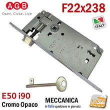 Carica l&#39;immagine nel visualizzatore di Gallery, Serratura porta interna AGB frontale BT bordo tondo 238x22 mm entrata 5cm E 50 mm Interasse 9 cm I 90 mm meccanica Patent Grande chiave normale 22x238 Cromo Opaco Cromata Argento Argentata Grigia Satinata Satinato Originale AGB pronta consegna
