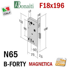 Load image into Gallery viewer, serratura magnetica per porte reversibili bonaiti b-forty N65 frontale 18x196mm
