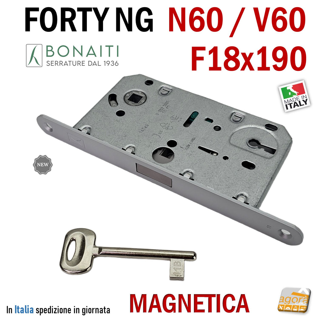Serratura porta interna magnetica Bonaiti B - Forty New generation NG V60 compatibile N60 frontale 190x18mm F18x190 cromo opaco entrata 50mm interasse 90mm E5cm I9cm chiave patent Cromo opaco 48V601509E 48N601509E