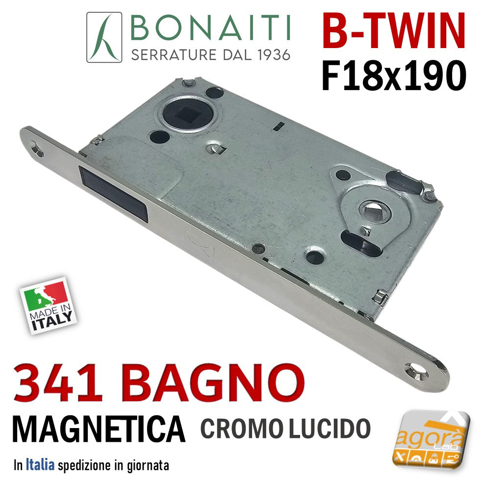 SERRATURA PORTA MAGNETICA B - TWIN BONAITI 341 WC BAGNO Toilet FRONTALE 18X190MM E50 I90 CROMO LUCIDO cromata entrata 5cm interasse 9cm F 190 x 18 mm frontalino 19cm quadro 8x8 e 6x6 48341050CE