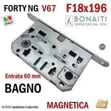 Carica l&#39;immagine nel visualizzatore di Gallery, SERRATURA PORTA interna magnetica BONAITI B-FORTY NG WC BAGNO F18X196 Modello V67 CROMO OPACO ARGENTO satinato E60 INT.96 entrata 60mm 6cm interasse 96 mm 9,6cm 9,5cm New Generation 48V670609E frontale 196x18 mm 19,6cm
