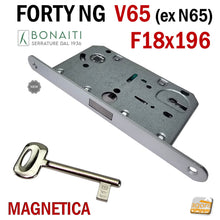 Carica l'immagine nel visualizzatore di Gallery, serratura magnetica per porte reversibili bonaiti b-forty N65 frontale 18x196mm FORTY NG V65 Cromo opaco cromata argento satinata satinato argentata grigia magnetica reversibile f 196 x 18 48V651509E Serrature porte F 195 patent entrata 5cm interasse maniglia chiave 9cm
