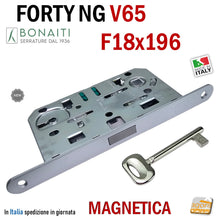 Carica l'immagine nel visualizzatore di Gallery, serratura magnetica per porte reversibili bonaiti b-forty N65 frontale 18x196mm FORTY NG V65 Cromo opaco cromata argento satinata satinato argentata grigia magnetica reversibile f 196 x 18 48V651509E Serrature porte F 195 patent entrata 50mm interasse maniglia chiave 90mm chiave normale
