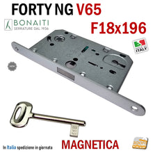 Carica l'immagine nel visualizzatore di Gallery, serratura magnetica per porte reversibili bonaiti b-forty N65 frontale 18x196mm FORTY NG V65 Cromo opaco cromata argento satinata satinato argentata grigia magnetica reversibile f 196 x 18 48V651509E Serrature porte F 195 patent entrata 50mm interasse maniglia chiave 90mm
