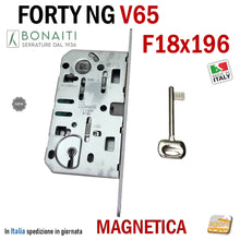 Carica l'immagine nel visualizzatore di Gallery, serratura magnetica per porte reversibili bonaiti b-forty N65 frontale 18x196mm FORTY NG V65 Cromo opaco cromata argento satinata satinato argentata grigia magnetica reversibile f 196 x 18 48V651509E Serrature porte F 195 patent entrata 50mm interasse maniglia chiave 90mm BONAITI NEW GENERATION
