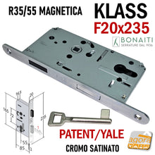 Load image into Gallery viewer, SERRATURA PORTA MAGNETICA KLASS BONAITI R35 FRONTALE 20X235MM E55 I72 CHIAVE YALE entrata 55mm intrasse 72mm R35/55 CHIAVE  frontale 235 x 20 mm satinata cromata argentata  48R3505583
