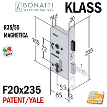 Load image into Gallery viewer, SERRATURA PORTA MAGNETICA KLASS BONAITI R35 FRONTALE 20X235MM E55 I72 CHIAVE YALE entrata 55mm intrasse 72mm R35/55 CHIAVE  frontale 235 x 20 mm
