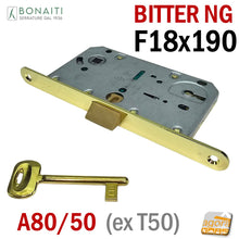 Carica l&#39;immagine nel visualizzatore di Gallery, SERRATURA PORTA PATENT FRONTALE 190x18mm BONAITI B-BITTER T50 A80 ottone Entrata 50mm INTERASSE 90mm A80/50 Bitter NG New Generation 48A801501E meccanica scrocco centrale in nylon Ottonata Lucida chiave normale

