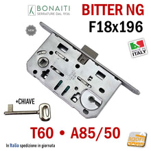 Carica l'immagine nel visualizzatore di Gallery, serratura porta Bonaiti Bitter NG A85 ex T60 Frontale 196x18 mostrina 18x196 entrata 50mm interasse 90mm chiave normale patent scrocco centrale in plastica 48A8515093 Meccanica
