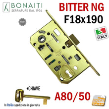 Carica l&#39;immagine nel visualizzatore di Gallery, SERRATURA PORTA PATENT FRONTALE 18x190 BONAITI B-BITTER T50 A80 ottone Entrata 50mm INTERASSE 90mm A80/50 Bitter NG New Generation 48A801501E meccanica scrocco centrale in nylon Ottonata Lucida
