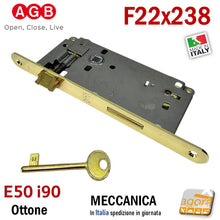 Carica l&#39;immagine nel visualizzatore di Gallery, Serratura porta interna AGB frontale BT bordo tondo 238x22 mm entrata 5cm E 50 mm Interasse 9 cm I 90 mm meccanica Patent Grande chiave normale 22x238 Ottone Lucido
