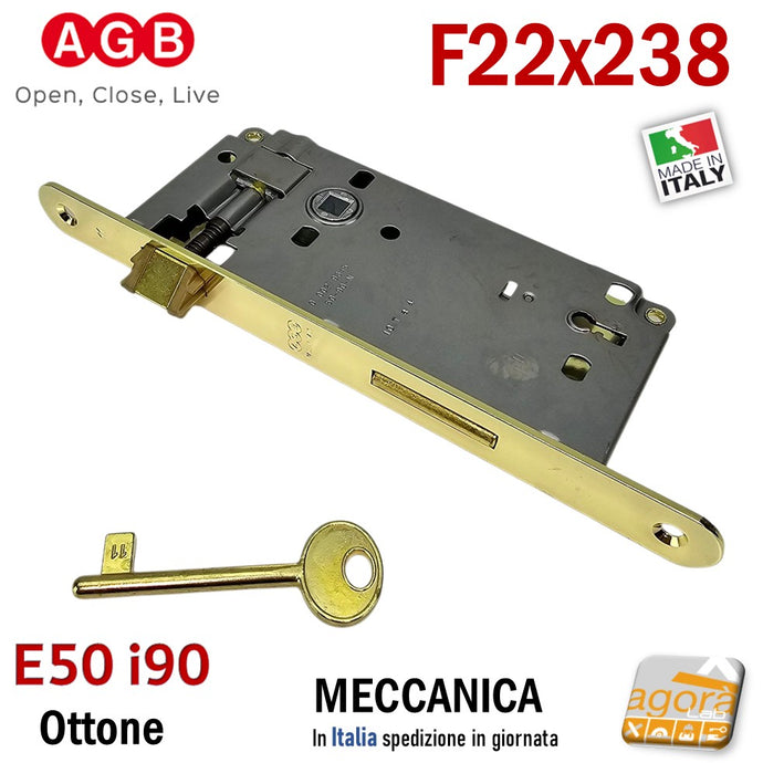 Serratura porta interna AGB frontale BT bordo tondo 238x22 mm entrata 5cm E 50 mm Interasse 9 cm I 90 mm meccanica Patent Grande chiave normale 22x238 Ottone Lucido