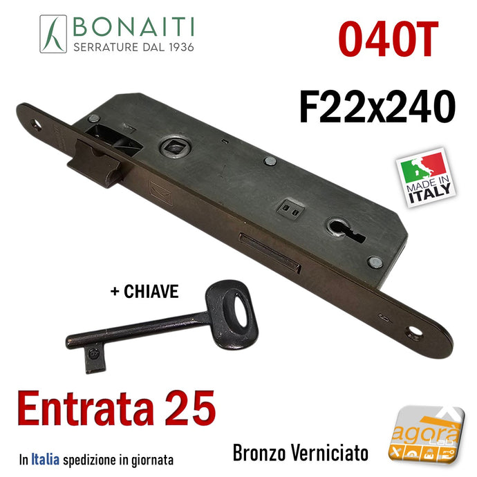 SERRATURA PORTA PATENT FRONTALE 22x240mm 40BT TONDO BONAITI 040T BRONZO E25 I90 con CHIAVE bronzata verniciata bronzo verniciato 48040025+E