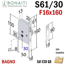 Carica l'immagine nel visualizzatore di Gallery, serratura porta gancio bonaiti S61/30 porte scorrevoli scrigno bagno frontale 160x16mm quadro 8x8 entrata 30mm 40061030
