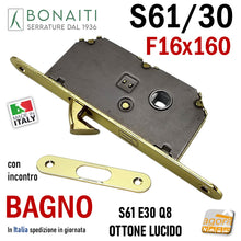 Carica l'immagine nel visualizzatore di Gallery, serratura porta gancio bonaiti S61/30 porte scorrevoli scrigno bagno frontale 160x16mm quadro 8x8 entrata 30mm Ottone Lucido
