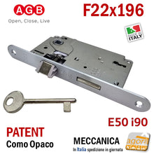 Carica l&#39;immagine nel visualizzatore di Gallery, SERRATURA PORTA PATENT FRONTALE 22x196mm AGB CENTRO E50 INT90 cromo opaco cromato satinato F196x22 chiave normale con chiavistello
