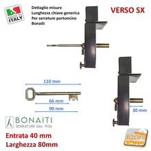 Carica l&#39;immagine nel visualizzatore di Gallery, SERRATURA VERTICALE PORTONCINO CON SCROCCO E CATENACCIO BONAITI ART.175 SX mm.80 E40 BRONZATA DA APPLICARE PORTE ANTICHE  4L1750800S antica marrone chiave lunga
