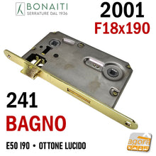 Carica l'immagine nel visualizzatore di Gallery, Serratura porta interna bagno wc toilet Bonaiti 2001 articolo 241 entrata 50mm interasse 90mm frontale 190x18mm  bordo tondo 18x190 doppio qadro 8x8 6x6 meccanica ottonata ottone lucido 482410501E 4824105013
