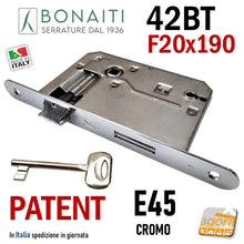 Carica l'immagine nel visualizzatore di Gallery, serratura porta Bonaiti meccanica patent piccola 42BT 042T frontale 190x20 entrata 45mm interasse 70mm quadro 8x8 cromo lucido cromata E45
