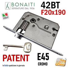 Carica l'immagine nel visualizzatore di Gallery, serratura porta Bonaiti meccanica patent piccola 42BT 042T frontale 190x20 entrata 45mm interasse 70mm quadro 8x8 cromo lucido cromata chiave normale
