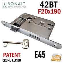 Carica l'immagine nel visualizzatore di Gallery, serratura porta Bonaiti meccanica patent piccola 42BT 042T frontale 190x20 entrata 45 mm int 70 mm quadro maniglia 8x8 cromo lucido cromata
