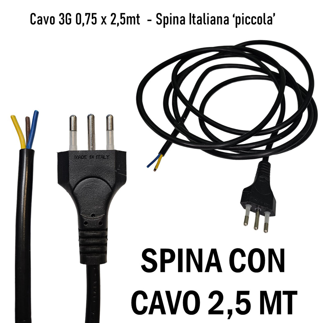 CAVO ALIMENTAZIONE CON SPINA ITALIANA TRIPOLARE 2,5 MT NERO CAVO