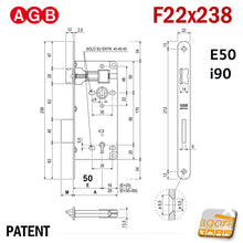 Carica l&#39;immagine nel visualizzatore di Gallery, Serratura porta interna AGB frontale BT bordo tondo 238x22 mm entrata 5cm E 50 mm Interasse 9 cm I 90 mm meccanica Patent Grande chiave normale 22x238
