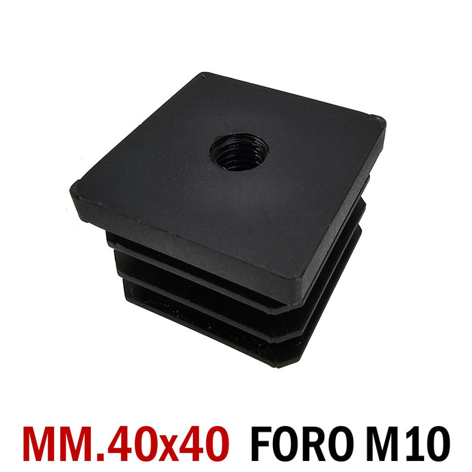 TAPPO QUADRATO 40x40mm FORO FILETTATO M10 NERO cm 4x4 TAPPI SOTTOPIEDE 10pz forato passante robusto alto 29mm filetto metrico