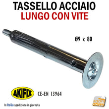 Carica l'immagine nel visualizzatore di Gallery, Tassello metallico acciaio espansione lungo foro diametro 9 x 80mm AKIFIX NF73002L con vite con rondella larga
