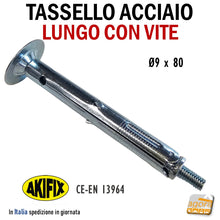 Carica l'immagine nel visualizzatore di Gallery, Tassello acciaio espansione lungo foro diametro Ø9 x 80mm AKIFIX NF73002L con vite con rondella larga cartongesso
