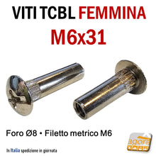 Carica l'immagine nel visualizzatore di Gallery, viti di giunzione congiunzione connessione a canocchiale femmina foro 8 filetto M6 vite per mobili testa larga bombata bella nichelata lunghezza M6x31 testa 14mm 15mm
