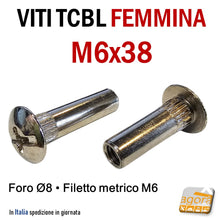 Carica l'immagine nel visualizzatore di Gallery, viti di giunzione congiunzione connessione a canocchiale femmina foro 8 filetto M6 vite per mobili testa larga bombata bella nichelata lunghezza  M6x38
