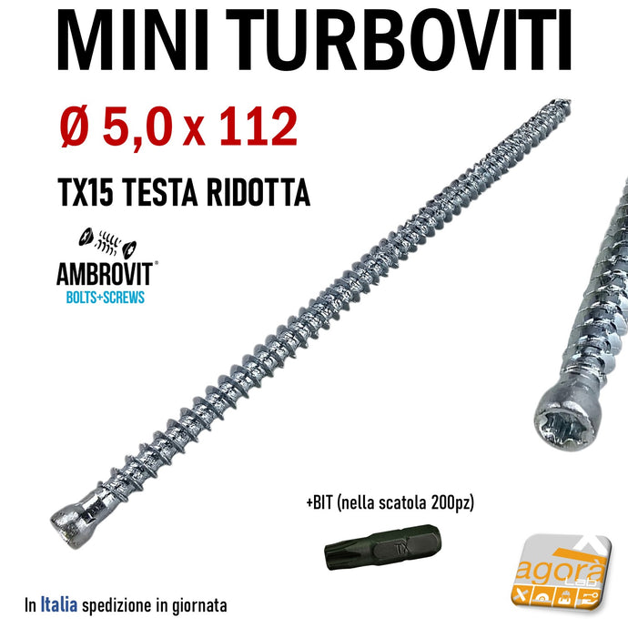 D 5x112 mm viti per calcestruzzo vite cls mini turboviti turbovite diametro 5mm testa cilindrica ridotta Ø 5,0mm zincata x cemento inserto Torx Ambrovit 07065 EAN: 8032975237947