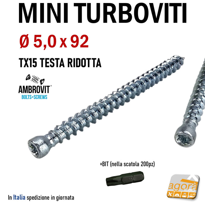 D 5x92 mm viti per calcestruzzo vite cls mini turboviti turbovite diametro 5mm testa cilindrica ridotta Ø 5,0mm zincata x cemento inserto Torx Ambrovit 07065 EAN: 8032975237923