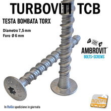 Carica l'immagine nel visualizzatore di Gallery, Viti per calcestruzzo TMT TX con rinforzo e filetto speciale TRILOW 07082 AMbrovit spa cemento armato CLS vite testa piana cilindrica larga bombata flangiata diametro 7,5mm TURBOVITE TURBOVITI foro diametro 6 mm
