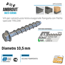 Carica l'immagine nel visualizzatore di Gallery, Viti per calcestruzzo vite CLS testa esagonale 07070 AMBROVIT temprata diametro 10mm foro 8mm D10,5 TURBOVITE
