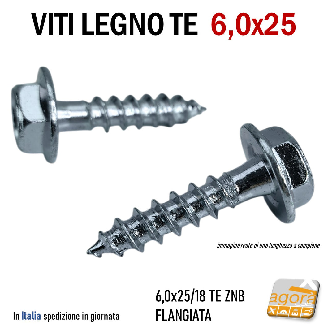 VITI LEGNO TE FLANGIATA TESTA ESAGONO D 6,0 X 25 mm VITE ZNB zincata mordente per tetti legno travetti esterno interno alta tenuta lunghezza 2,5cm testa larga esagonale flangia rondella integrata