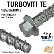 Carica l'immagine nel visualizzatore di Gallery, VITI X CLS CALCESTRUZZO TURBOVITE DIAMETRO 16,5 FORO 14MM TESTA CHIAVE 18 CEMENTO ARMATO AMBROVIT 07070 16 GROSSA VITE TESTA ESAGOMALE PIATTA strutturale
