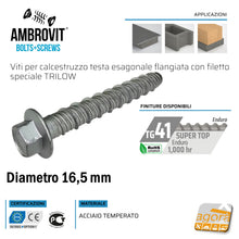 Carica l'immagine nel visualizzatore di Gallery, VITI X CLS CALCESTRUZZO TURBOVITE DIAMETRO 16,5 FORO 14MM TESTA CHIAVE 18 CEMENTO ARMATO AMBROVIT 07070 16 GROSSA VITE TESTA ESAGOMALE PIATTA
