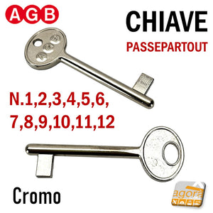 Chiave per porta interna serratura patent AGB cromo cromata nichelata normale standard semplice originale cf 1 2 3 4 5 6 7 8 9 10 11 12
