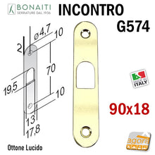 Load image into Gallery viewer, contropiastra incontro porta serratura bonaiti G574 mm 90x18 x scorrevole scrigno 4G57400015 ottone lucido ottonata riscontro incontro per serrature con gancio 18x90mm bordo tondo
